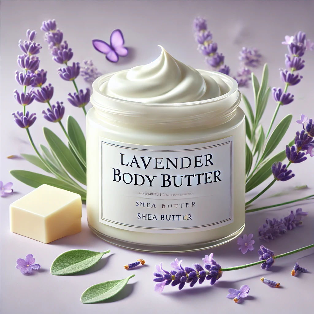 Whipped lavender body butter in a glass jar